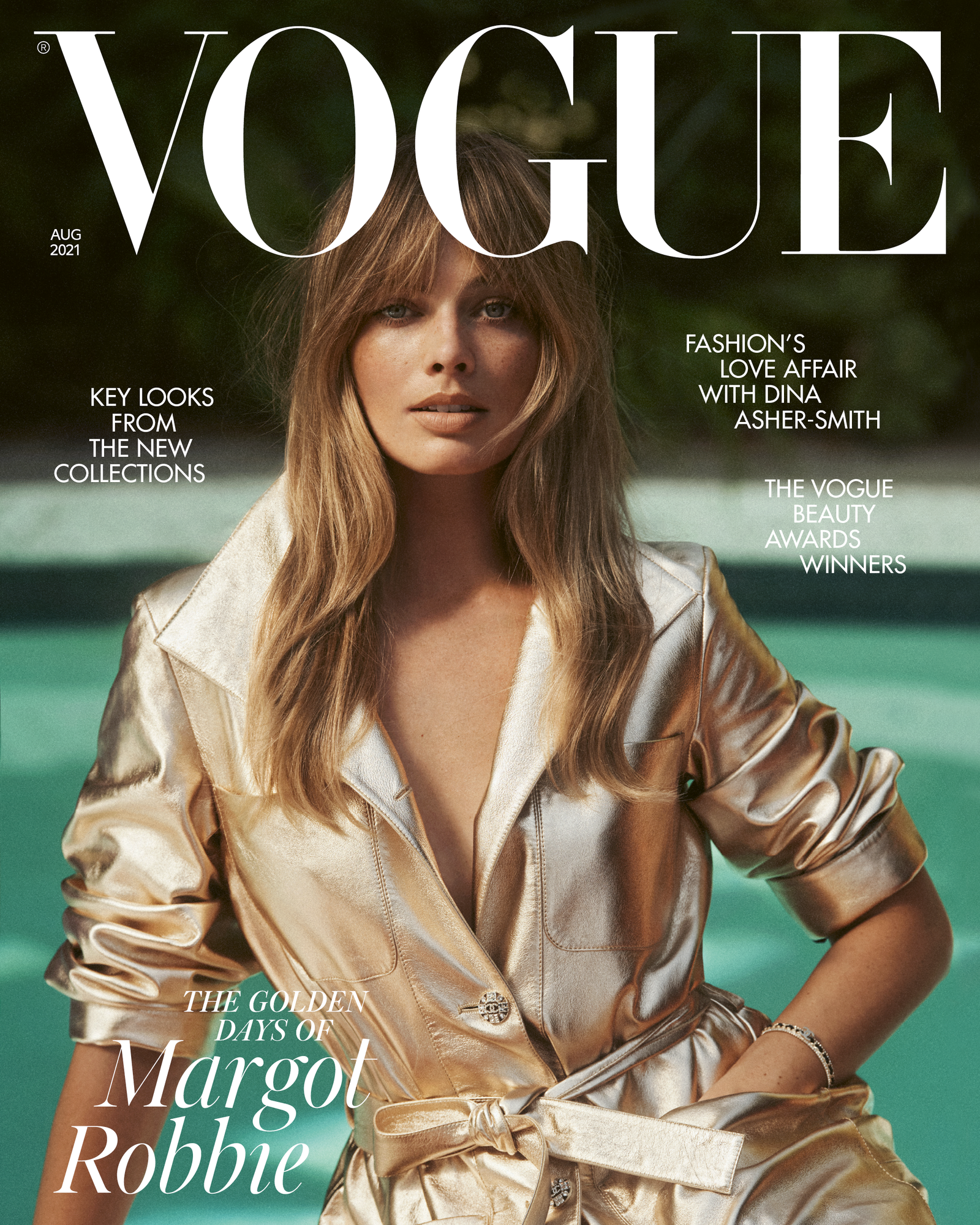 Margot Robbie wearing Chanel on the August 2021 cover of British Vogue.  